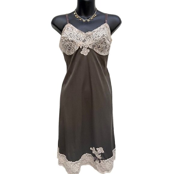 Pantone Mocha Brown VTG 60s Slip Dress Floral Lace Women’s 10 Sleeveless Fairy - Picture 1 of 10